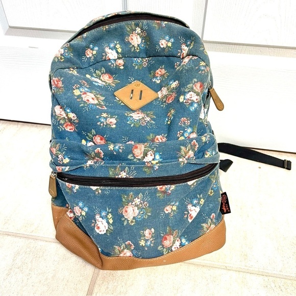 Douguyan Canvas Light Backpack Blue Floral Chic Skater 16” boho cottagecore - Picture 1 of 9